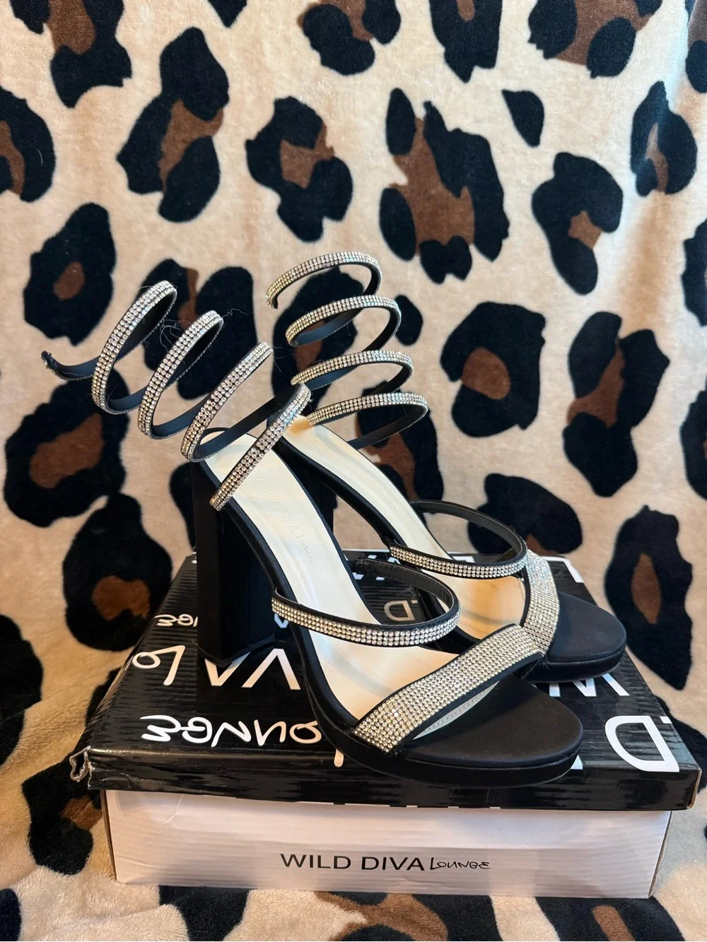 Wild Diva Black Rhinestone Spiral-Strap Stiletto Sandals